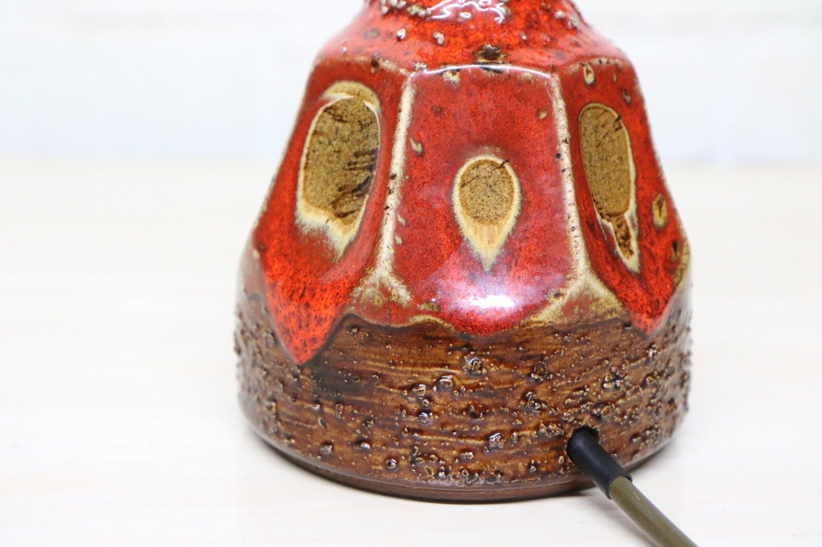 Table Lamp Vintage Danish Ceramic Lamp 60's Brutalist Fat Lava Glaze Red Orange photo buy