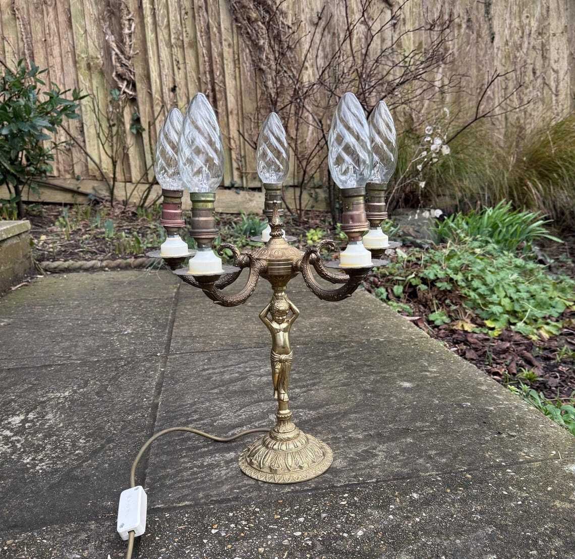 Unusual Retro Candelabra In Brass Metal With Six Bulb Holders And A Cherub Ornamental Stem   Pat Tested  Vgc