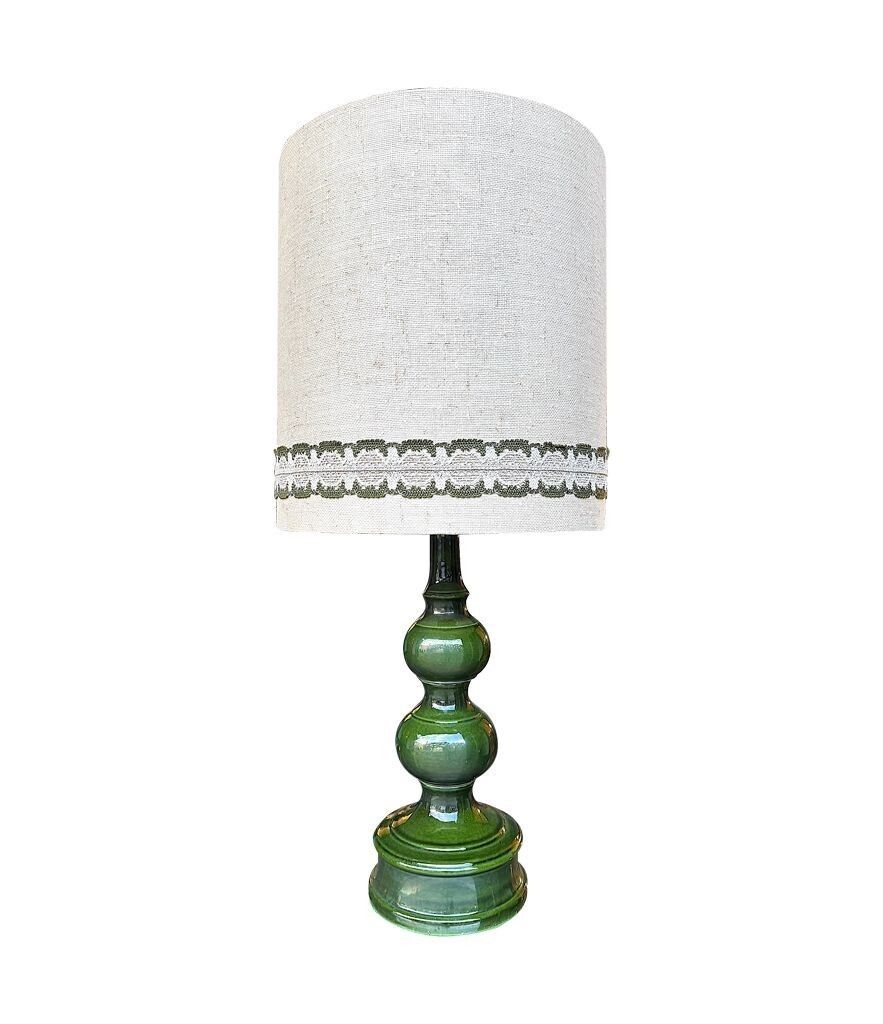 A Large French 1960s Green Glazed Ceramic Lamp With Original Hessian Shade