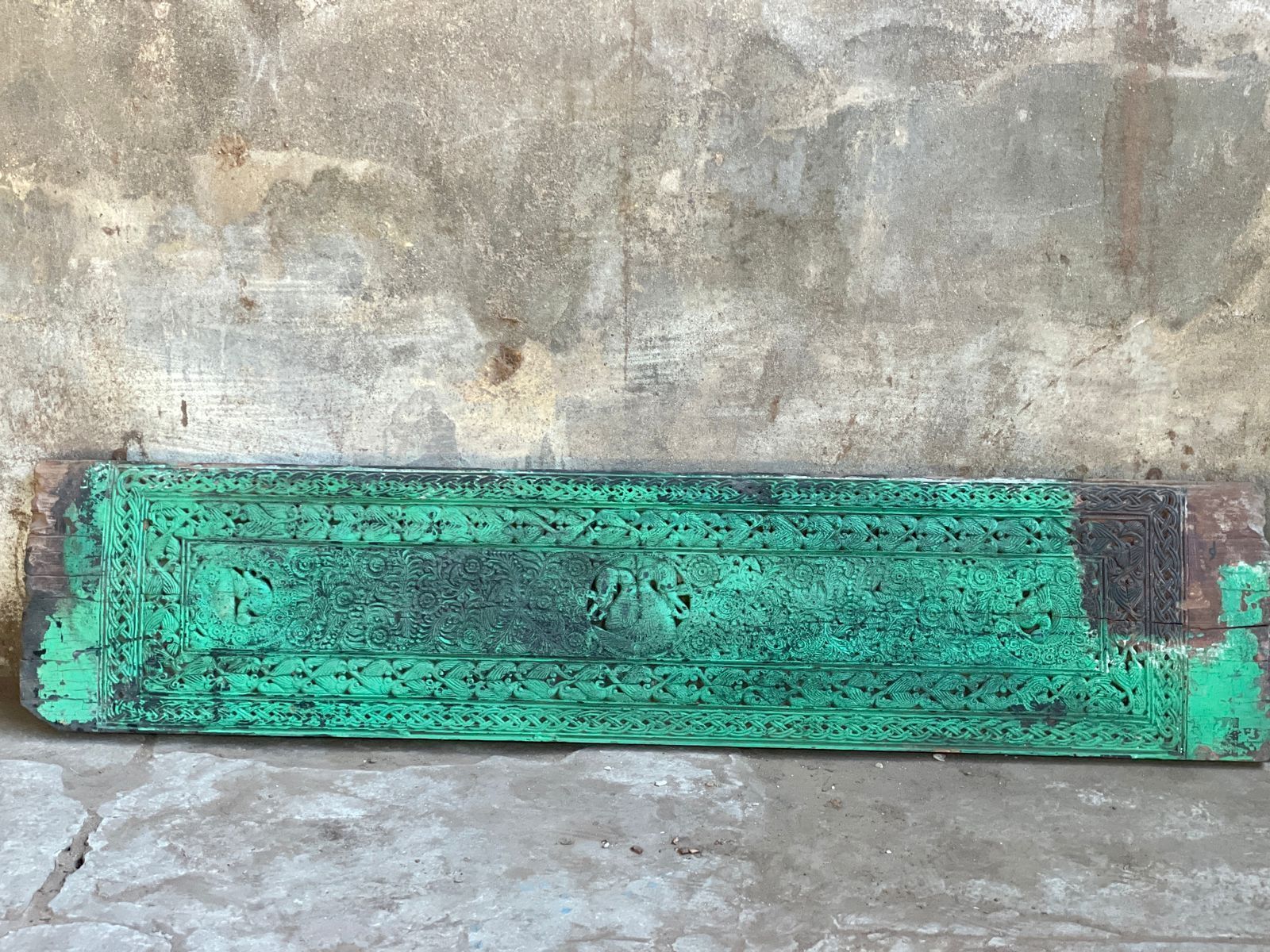 Antique 1930s Indian Hand Carved Teakwood Wall Decor – Tribal Art With Weathered Green Patina photo furniture