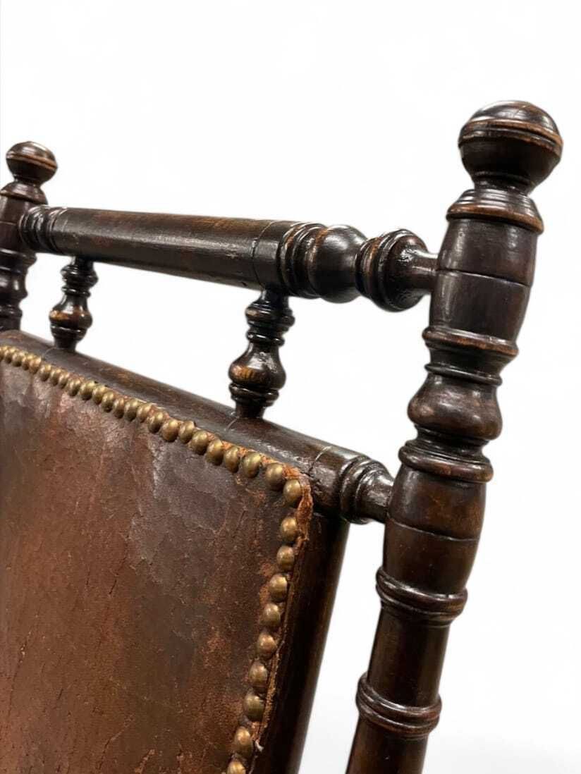 photo furniture Rocking Chair, Patinated Wood And Leather, English Work, Late 19th Century