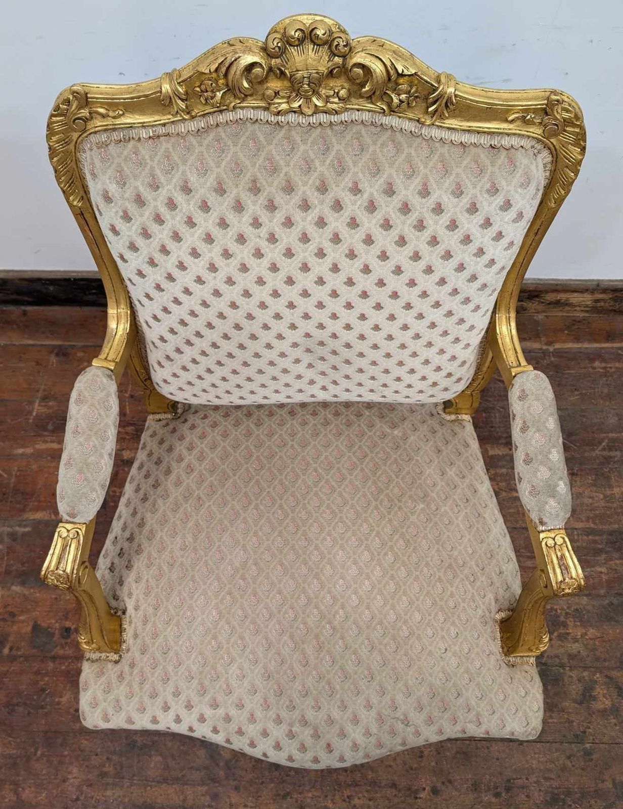 Vintage Gold Ornate Armchair In Cream Coloured Upholstery photo furniture