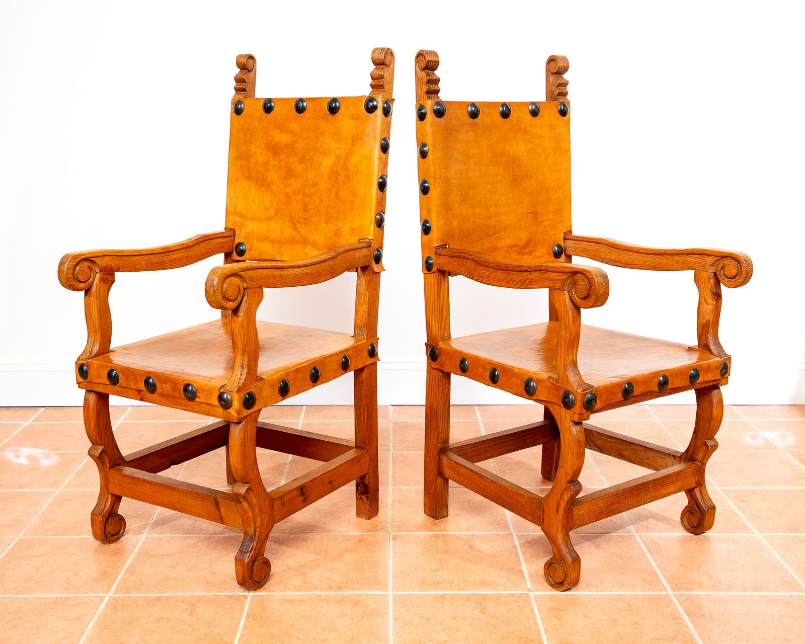 Pair Of Large Tan Leather Throne Chairs Spanish Colonial Baroque Style Mexican Studded Vintage Pine Hall Marriage Wedding Carver Dining Armchairs photo buy
