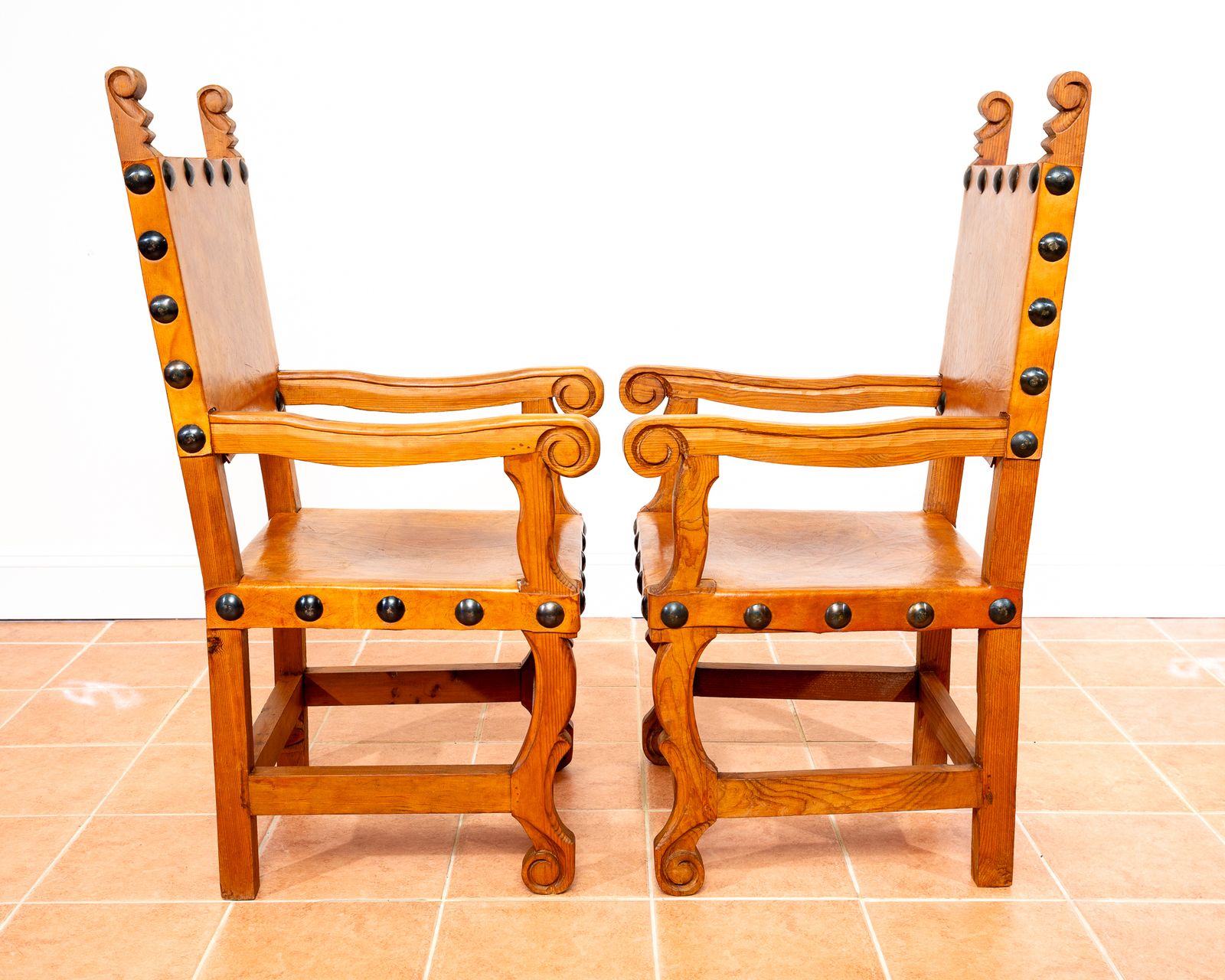 Furniture Pair Of Large Tan Leather Throne Chairs Spanish Colonial Baroque Style Mexican Studded Vintage Pine Hall Marriage Wedding Carver Dining Armchairs photo
