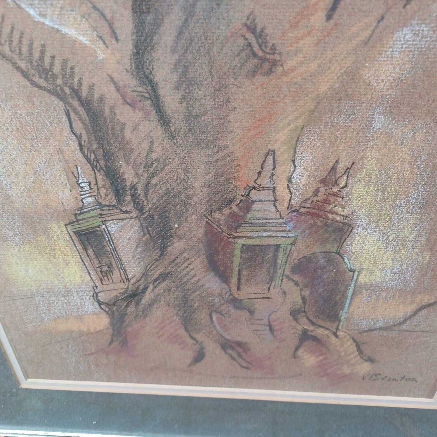 Quirky Vintage Pastel Of Tree, Lanterns And Gravestone   Mystical, Fairytale, Unusual   Vgc 53cm X 43cm photo for sale