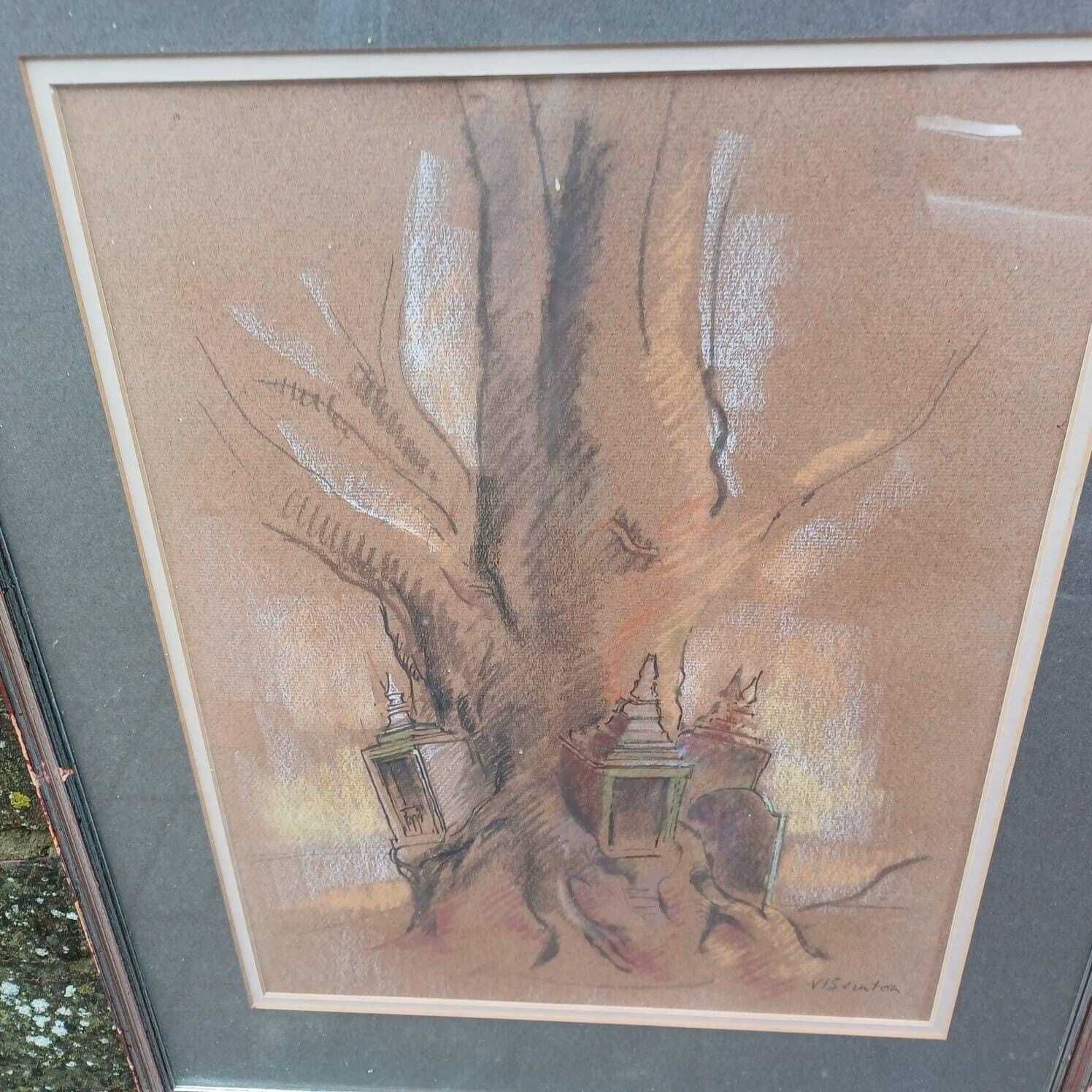 Quirky Vintage Pastel Of Tree, Lanterns And Gravestone   Mystical, Fairytale, Unusual   Vgc 53cm X 43cm photo 68.0