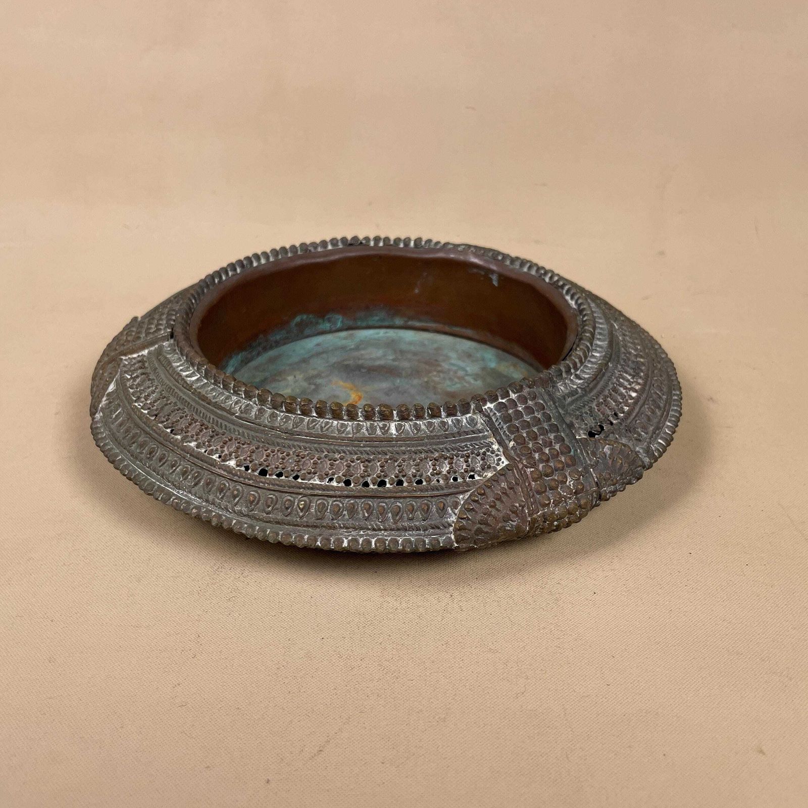 Antique Indian Copper Metal Candle Holder Tea Light Lantern India Dinner Candlestick Metal Work Pattern Handmade Traditional Flat Asian photo for sale