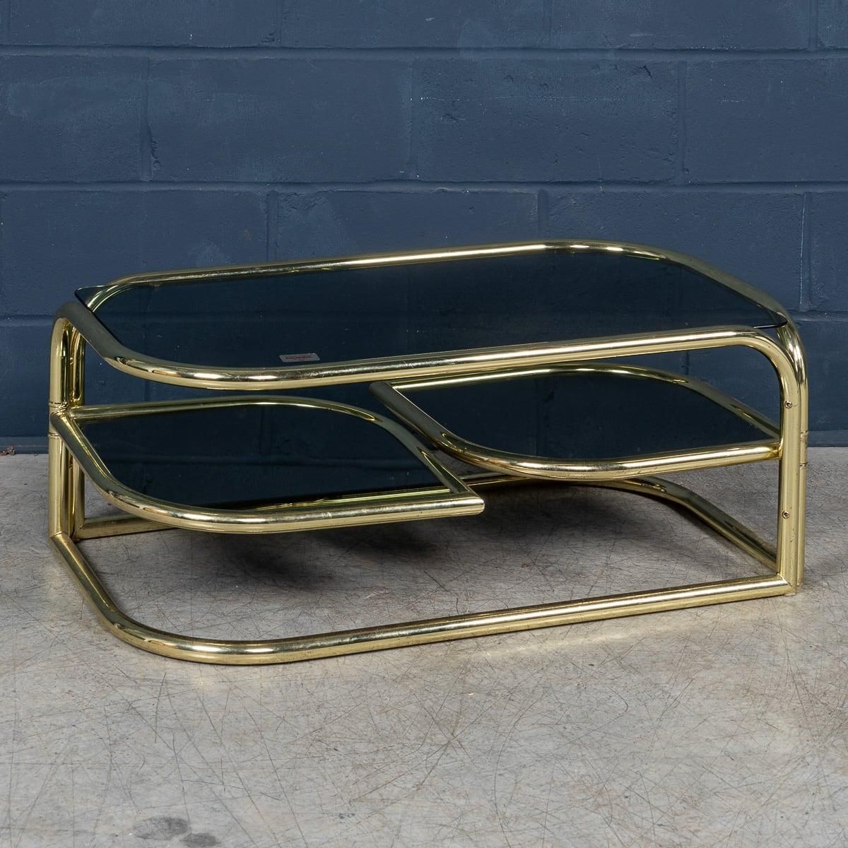 20th Century Italian Brass Framed Smoked Glass Coffee Table By Morex C.1980 photo furniture