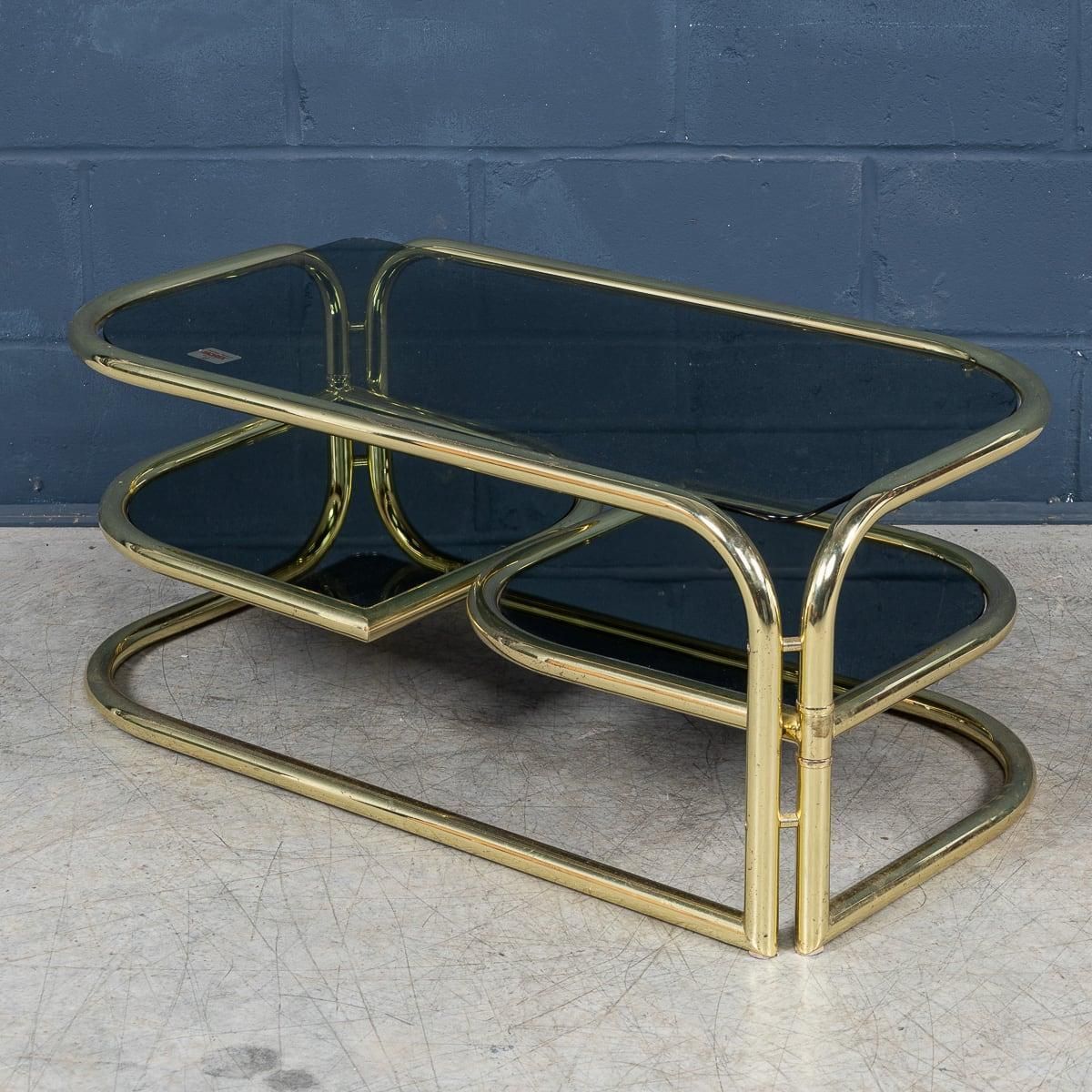 20th Century Italian Brass Framed Smoked Glass Coffee Table By Morex C.1980 photo for sale