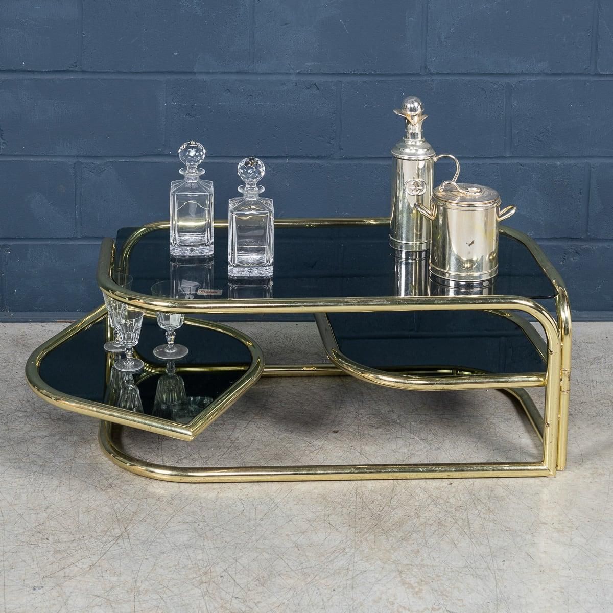 photo furniture 20th Century Italian Brass Framed Smoked Glass Coffee Table By Morex C.1980