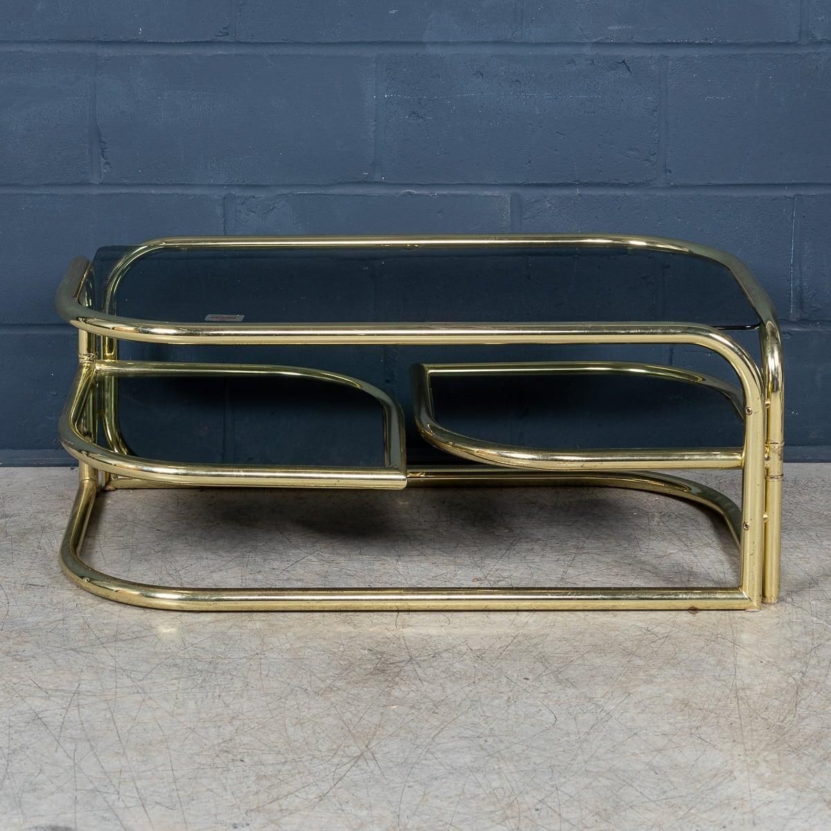 photo for sale 20th Century Italian Brass Framed Smoked Glass Coffee Table By Morex C.1980