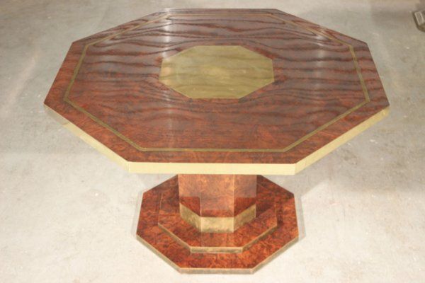 Burl Lacquer And Brass Dining Table By Jean Claude Mahey For Maison Roméo, 1970s