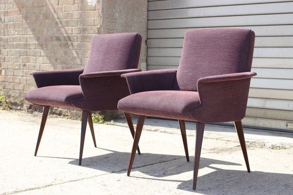 Mid Century Violet Velvet & Corduroy Armchairs, 1950s, Set Of 2
