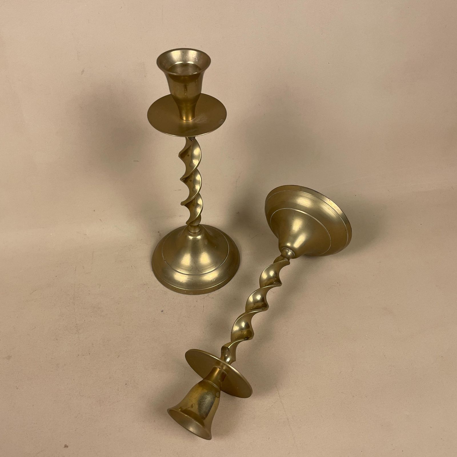 Antique Matching Pair Of Twisted Gold Solid Brass Metal Candlestick Candle Stick Vintage Column Taper Dinner Candlesticks Twist Round Base photo furniture