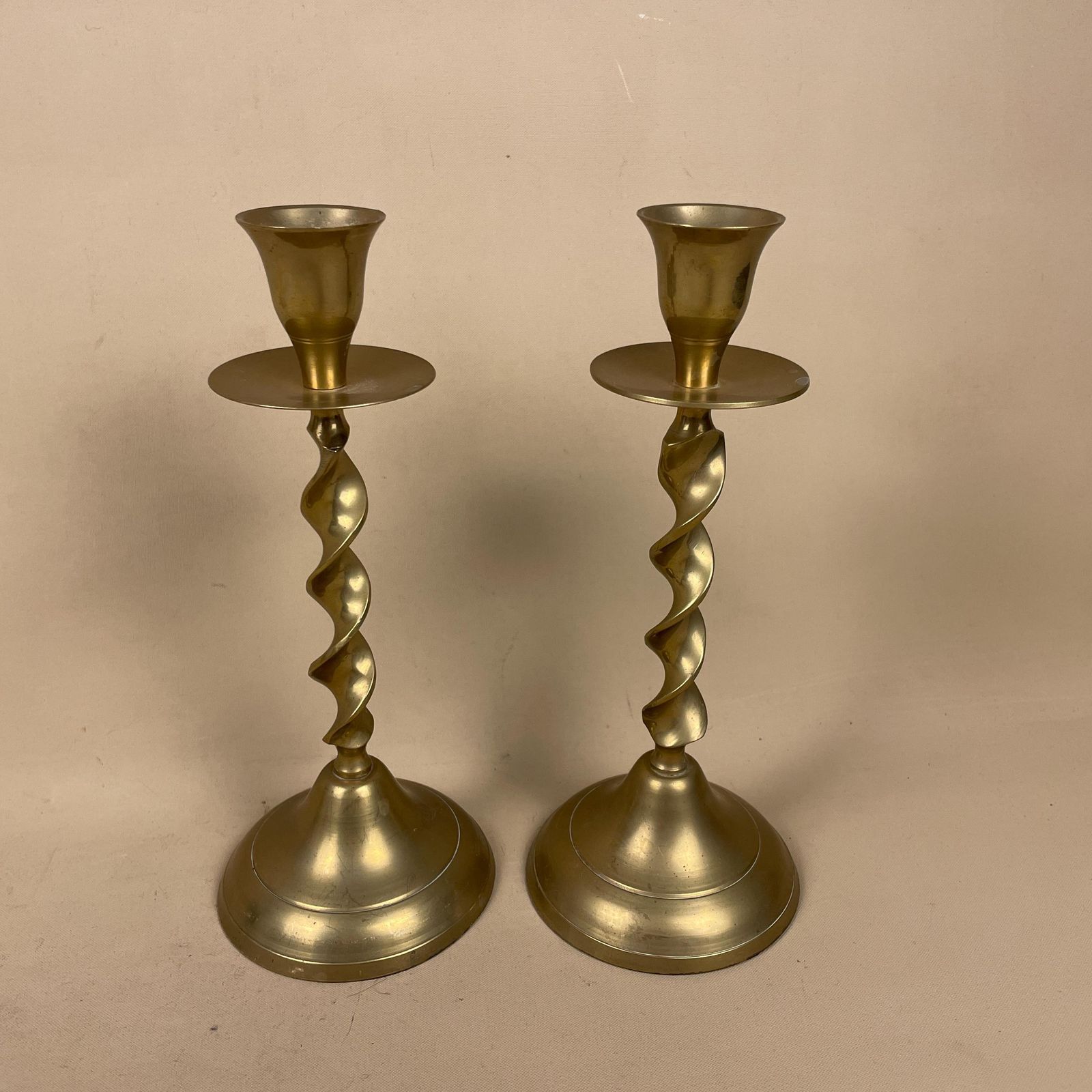 Antique Matching Pair Of Twisted Gold Solid Brass Metal Candlestick Candle Stick Vintage Column Taper Dinner Candlesticks Twist Round Base photo for sale