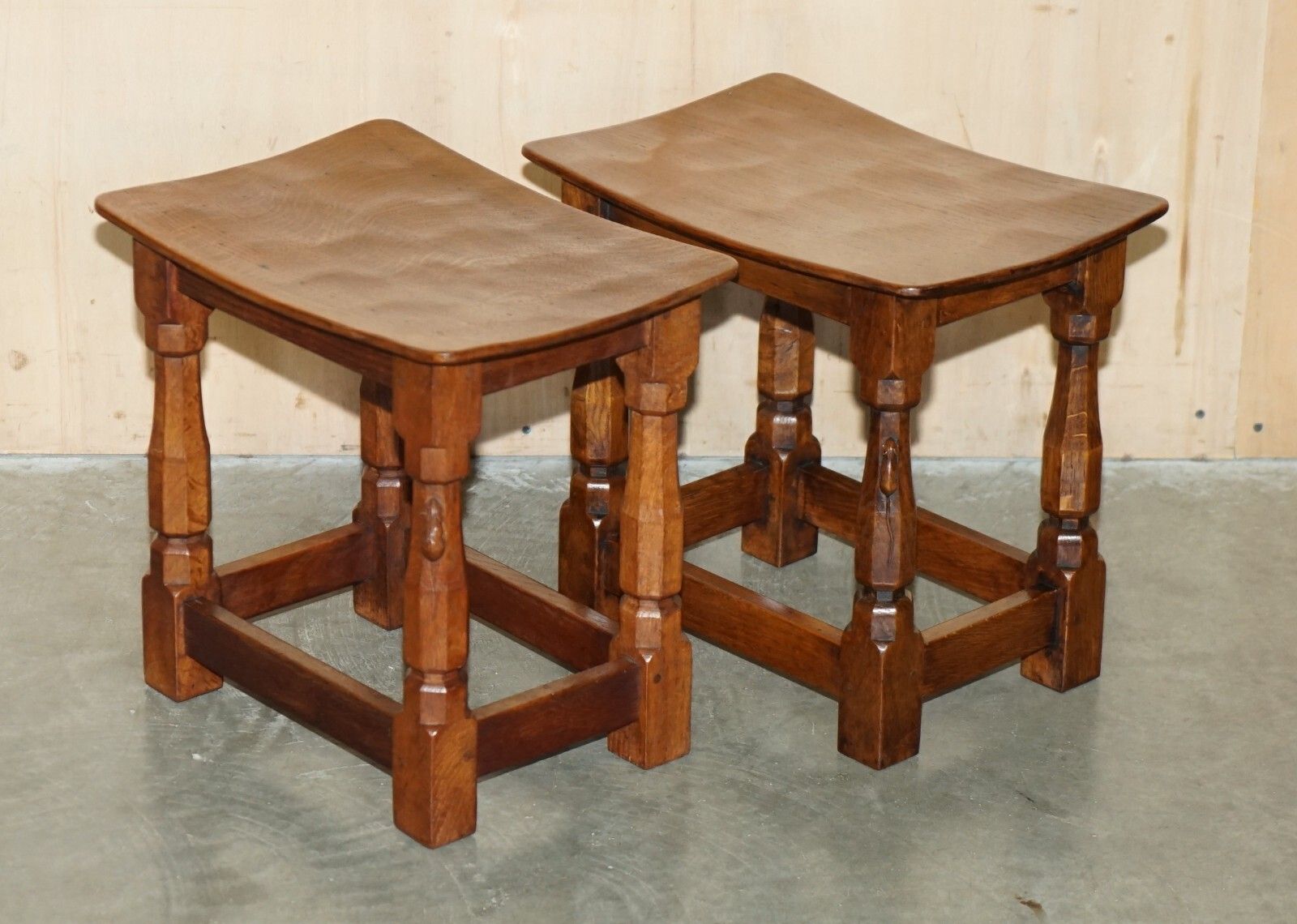 Fine Pair Of Rtestored Original 1930's Burr Oak Robert Mouseman Thompson Stools photo furniture
