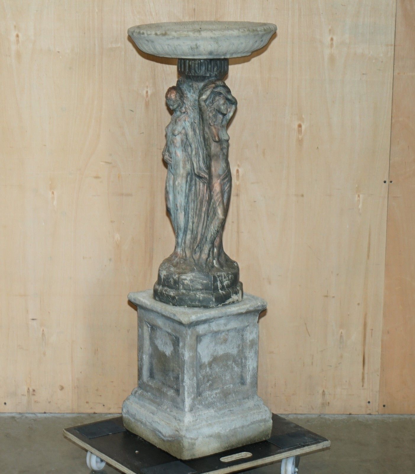 Vintage Three Graces Bird Bath Garden Statue With Highly Patined Finish