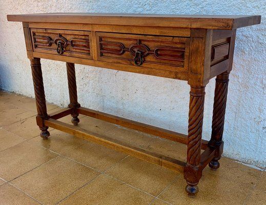 Vintage Carved Walnut Console Table With Solomonic Legs And Two Drawers, 1940s photo for sale