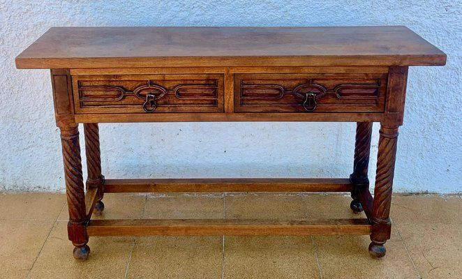 Vintage Carved Walnut Console Table With Solomonic Legs And Two Drawers, 1940s photo Furniture