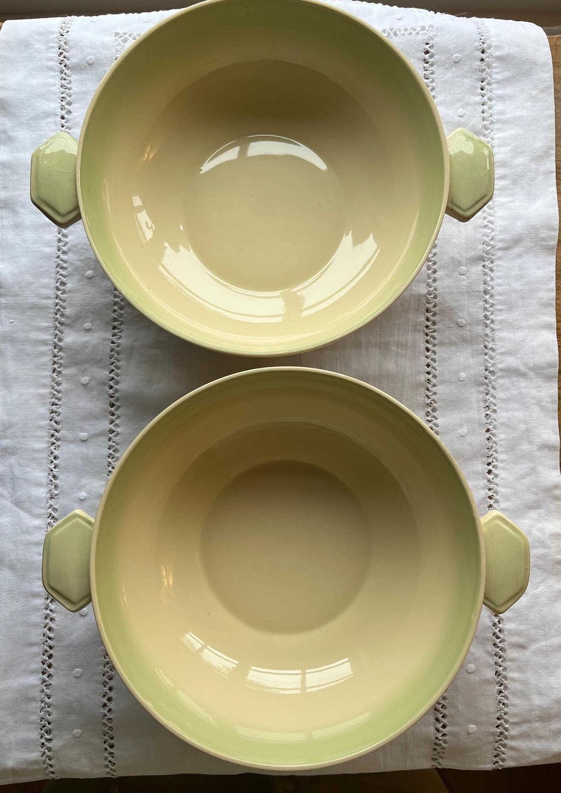 A Pair Of Art Deco 'Sunbuff' 1930s Ceramic Handled Serving Bowls By Gray's Pottery In Delicate Shades Of Green And Cream Available Singly photo furniture