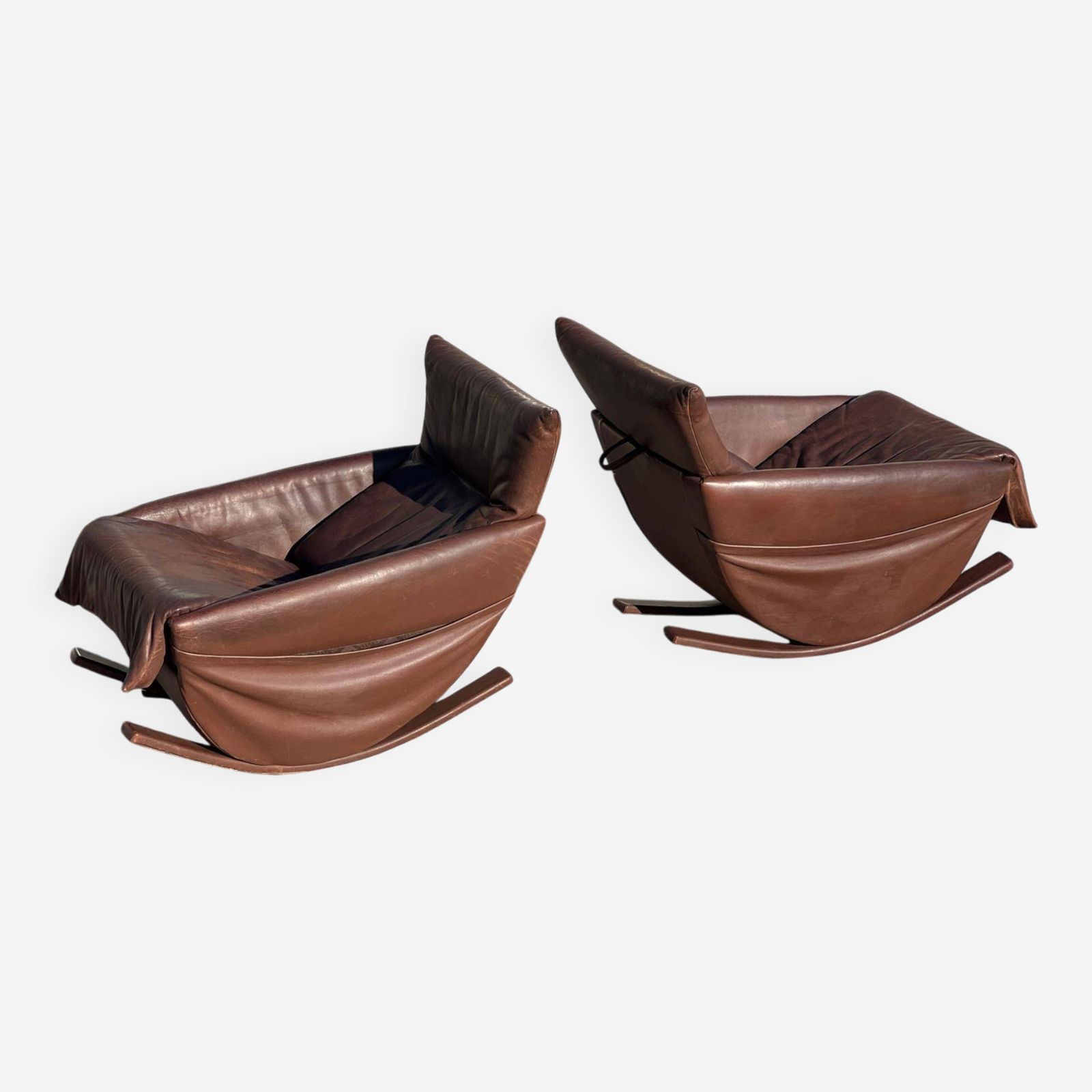 Pair Of De Sede Rocking Chairs, Switzerland 1970 In Brown Leather