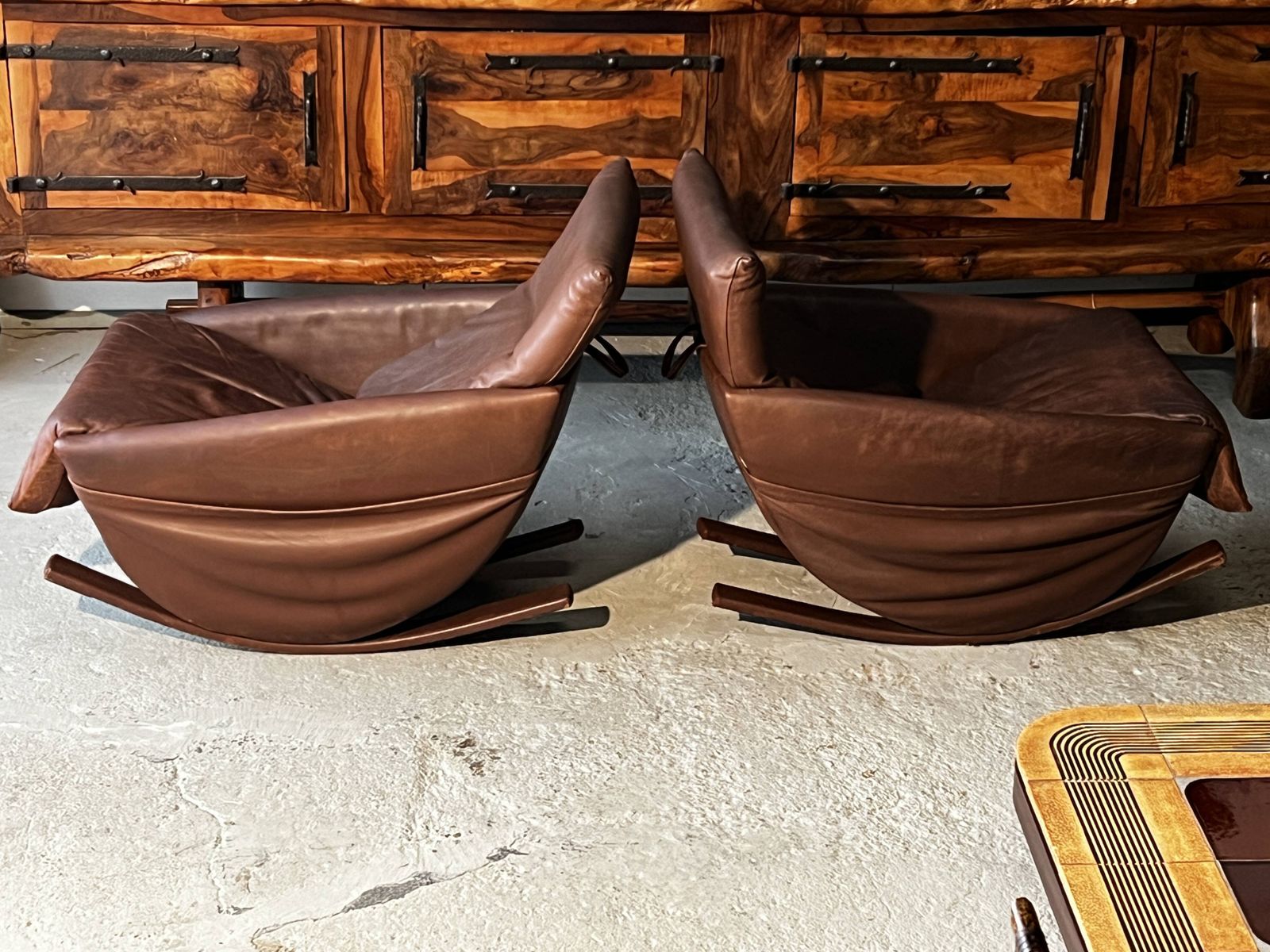 photo for sale Pair Of De Sede Rocking Chairs, Switzerland 1970 In Brown Leather