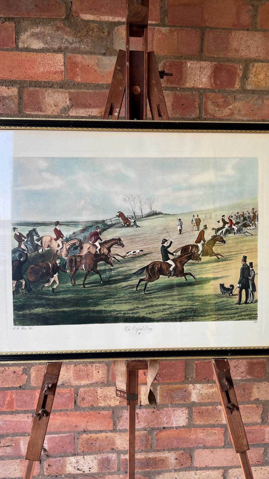1848 Framed Lithograph "The Oxford Drag 2" By C. R. Winter – Antique Equestrian Print photo furniture