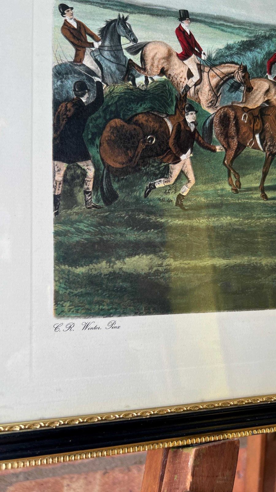 1848 Framed Lithograph "The Oxford Drag 2" By C. R. Winter – Antique Equestrian Print photo for sale