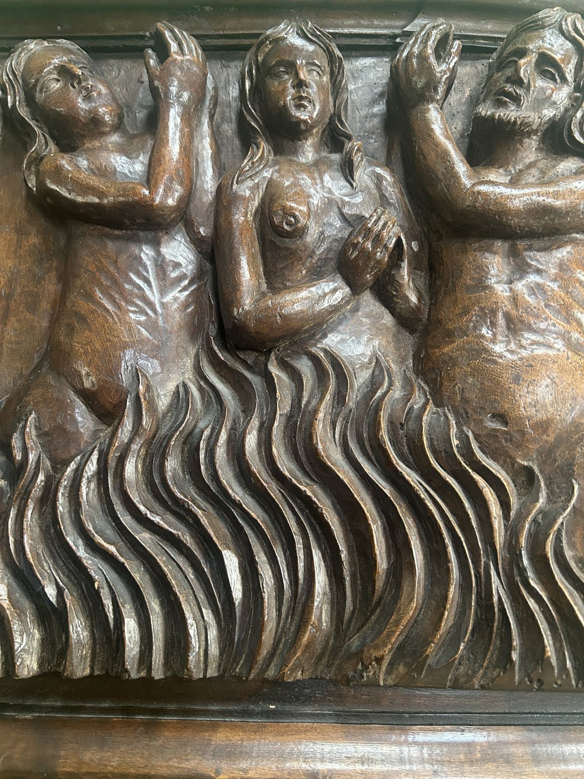 photo furniture 15th / 16th Century Italian Walnut Panel Carving Of Religious Souls In Purgatory