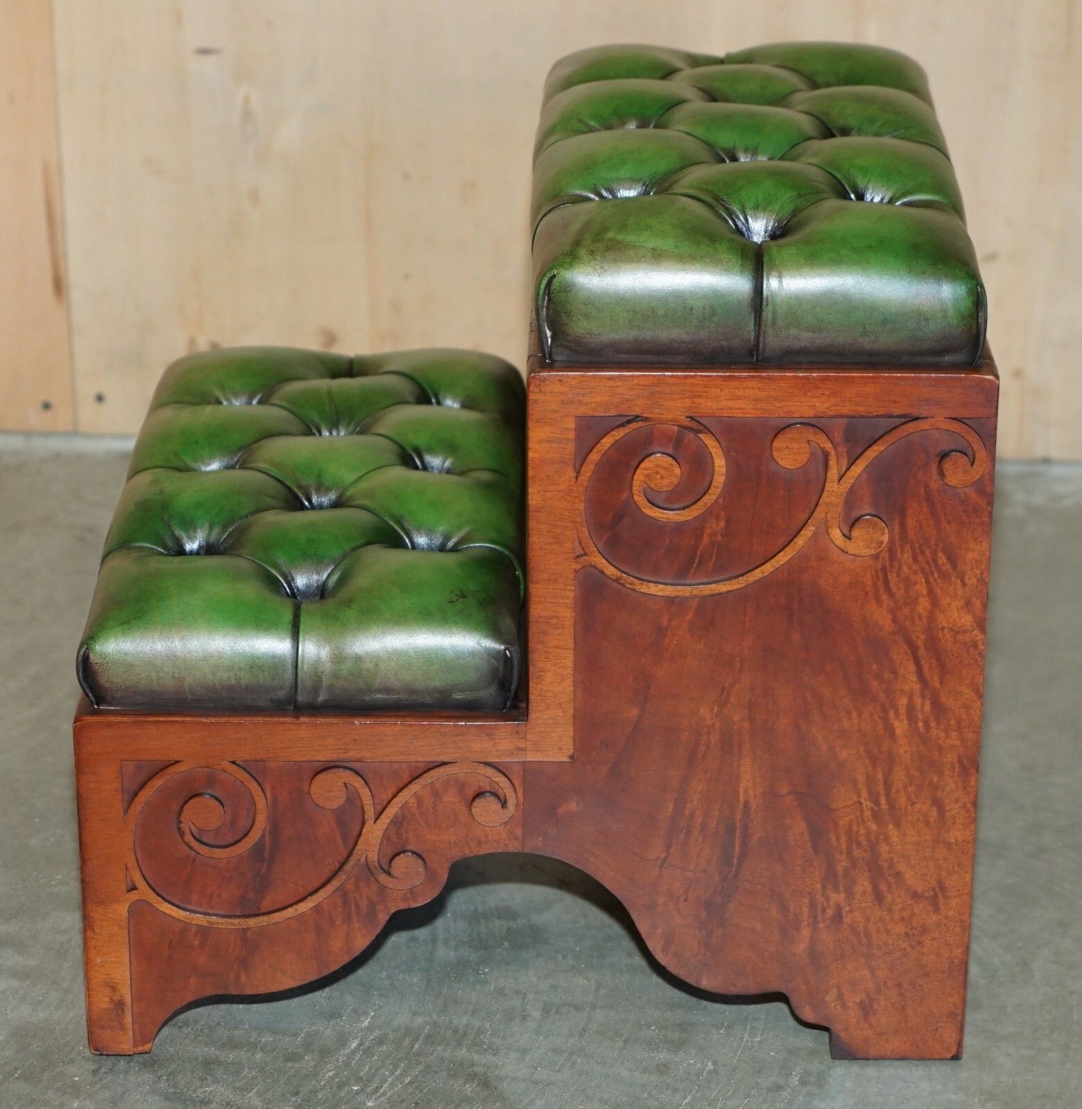 photo for sale Fully Restored Antique Flamed Mahogany Green Leather Chesterfield Library Steps