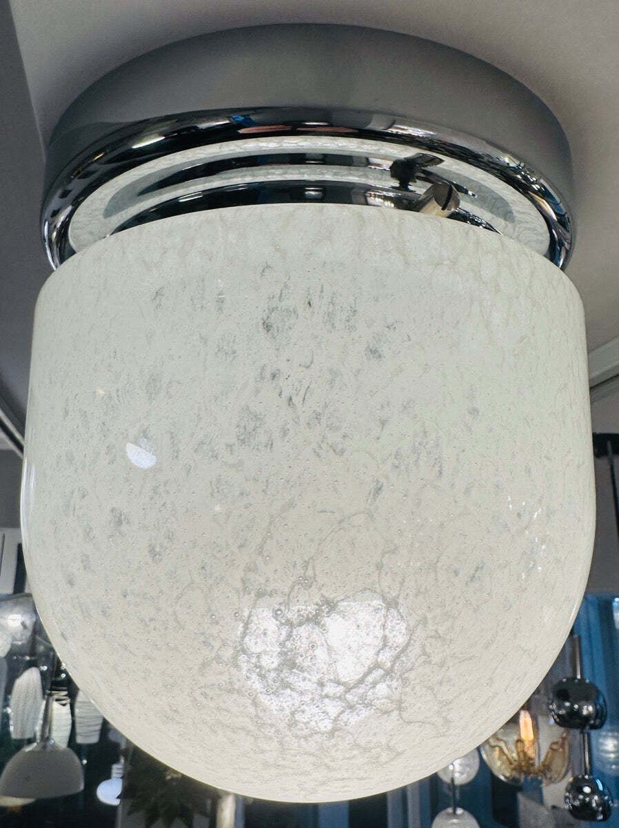 1970s German Peill & Putzler Mottled White Domed Glass & Polished Chrome Domed Flush Mount Ceiling Light photo 365.0