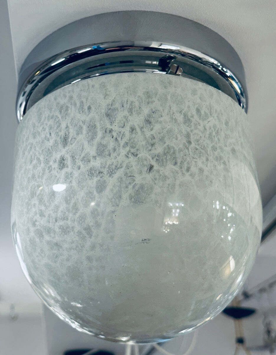365.0 1970s German Peill & Putzler Mottled White Domed Glass & Polished Chrome Domed Flush Mount Ceiling Light photo