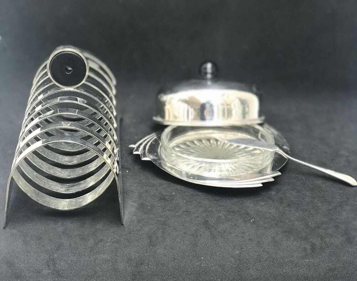 photo for sale Butter Dish With Lid Toast Rack Holder 8 Slices Silver Plated Breakfast Set Wedding Gift Hostess Gift