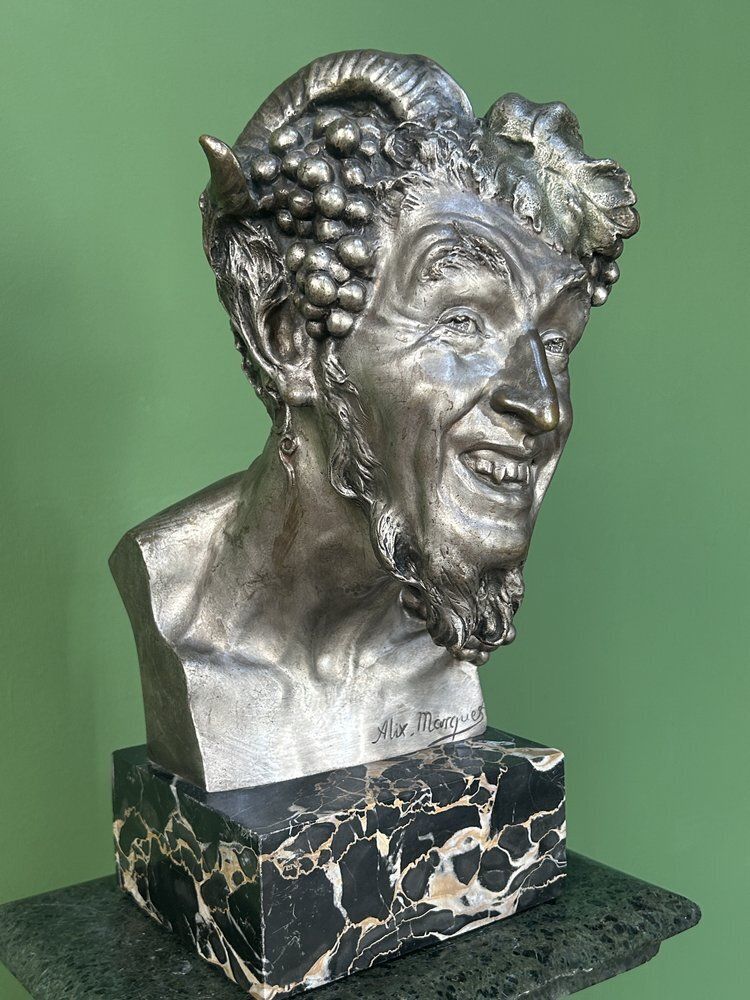 photo vintage French Antique Bronze Bust Of A Satyr / Faun By Alix Marquet   1914