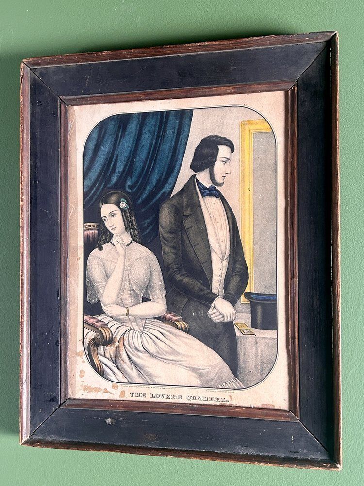 19th Century Antique Hand Coloured Framed Lithograph Of The Lovers Quarrel By Nathaniel Currier 1846 photo Art