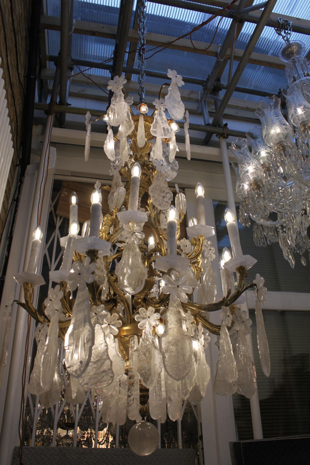 Excellent French Gilt Bronze Rock Crystal Chandelier photo for sale