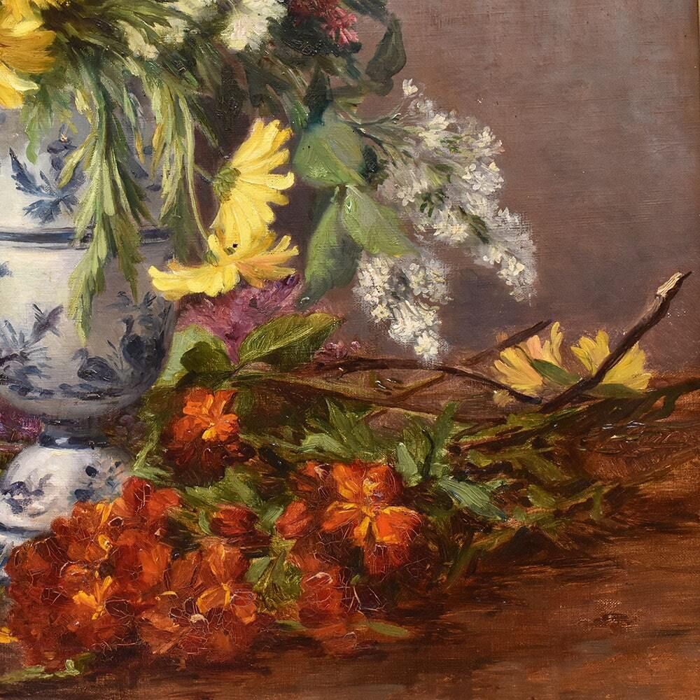 Antique Flower Painting, Daisies And Lilacs Flowers, Oil On Canvas, Late 19th Century. (Qf630) photo vinterior