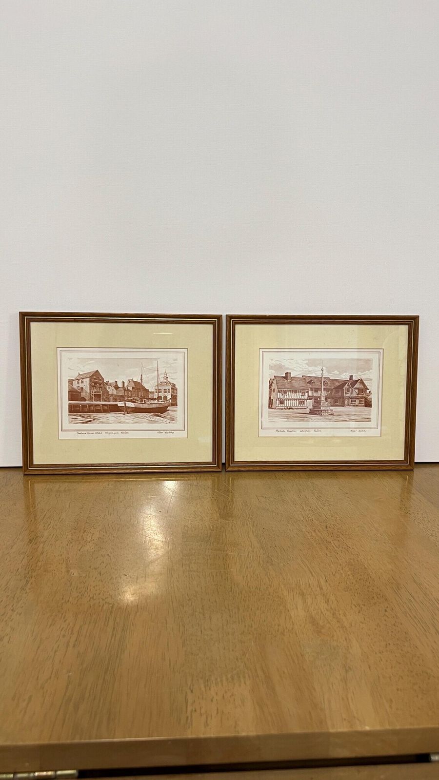 Set Of Two Mid Century Framed Architectural Pictures Of Custom House Wharf Kings Lynn And Market Square Lavenham By Nigel Appleby