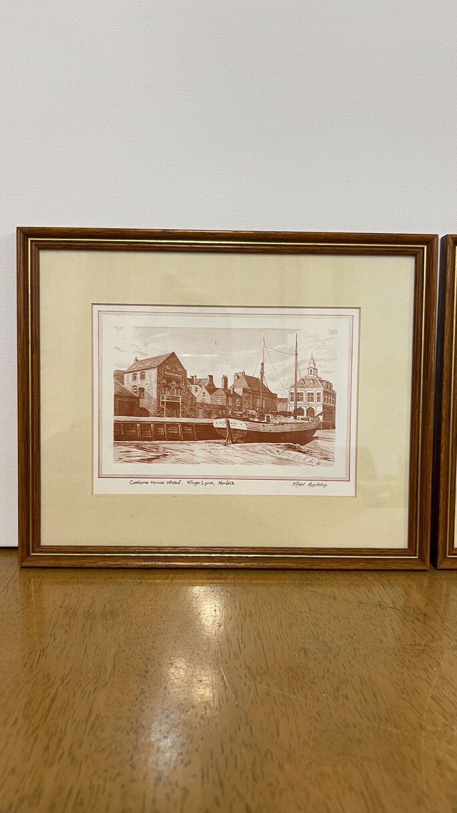 Set Of Two Mid Century Framed Architectural Pictures Of Custom House Wharf Kings Lynn And Market Square Lavenham By Nigel Appleby photo Art