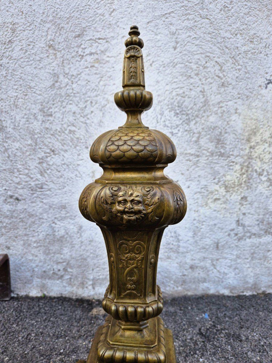 Pair Of Louis XIV Style Bronze And Iron Andirons, 19th Century photo for sale