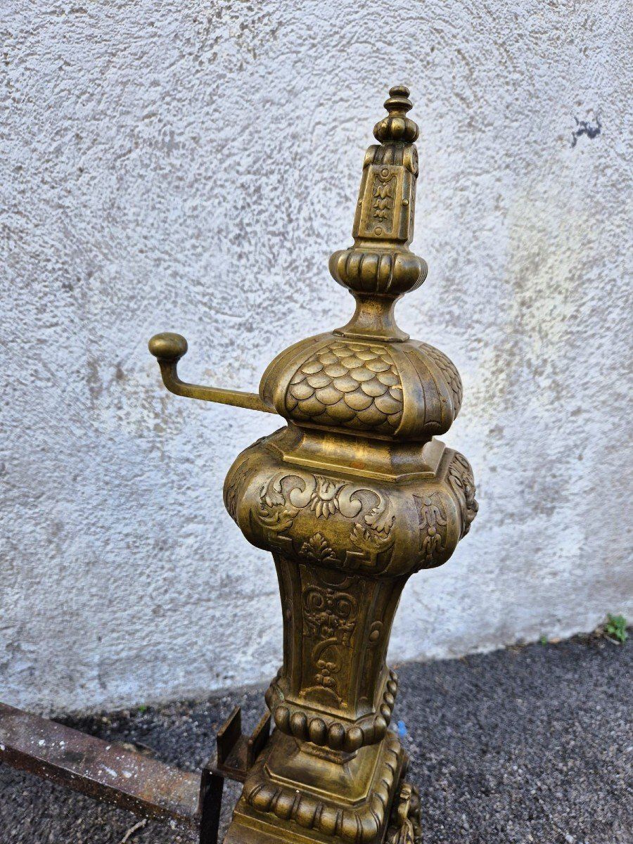 Pair Of Louis XIV Style Bronze And Iron Andirons, 19th Century photo vintage