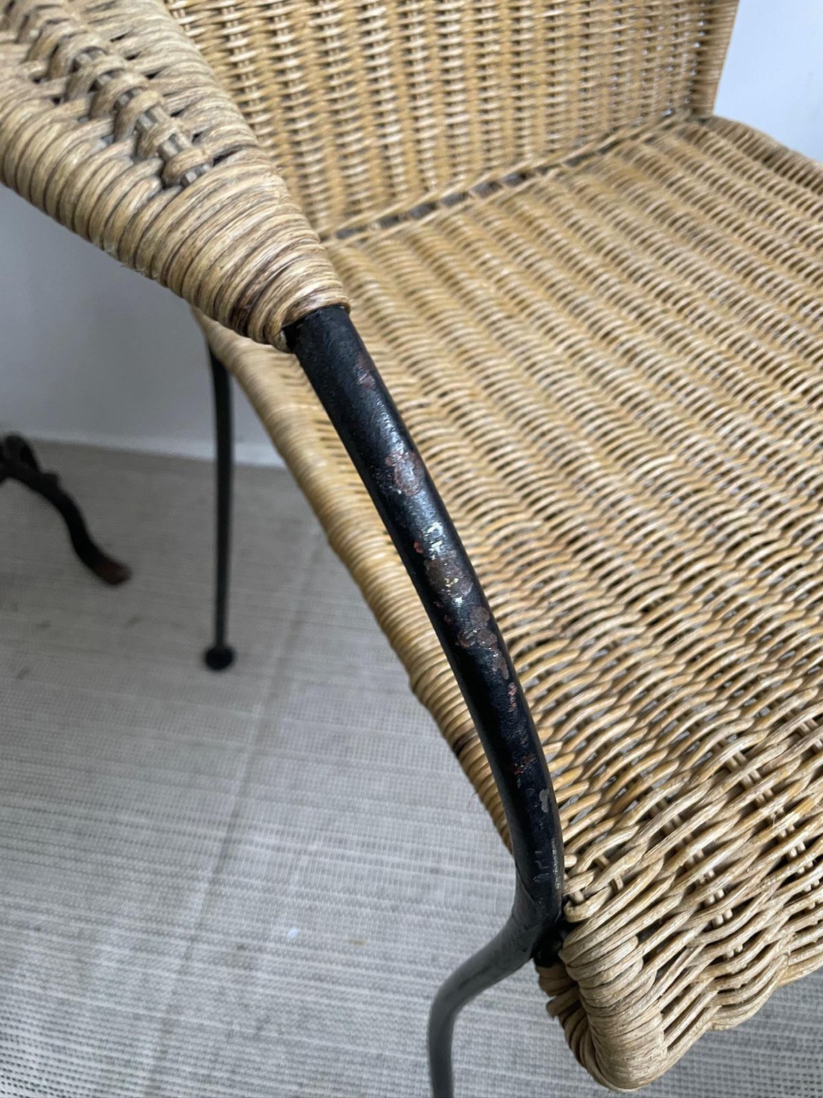 Vintage Iron Frame Carver Chair With Woven Rattan Cane Upholstery And Curved Legs photo furniture