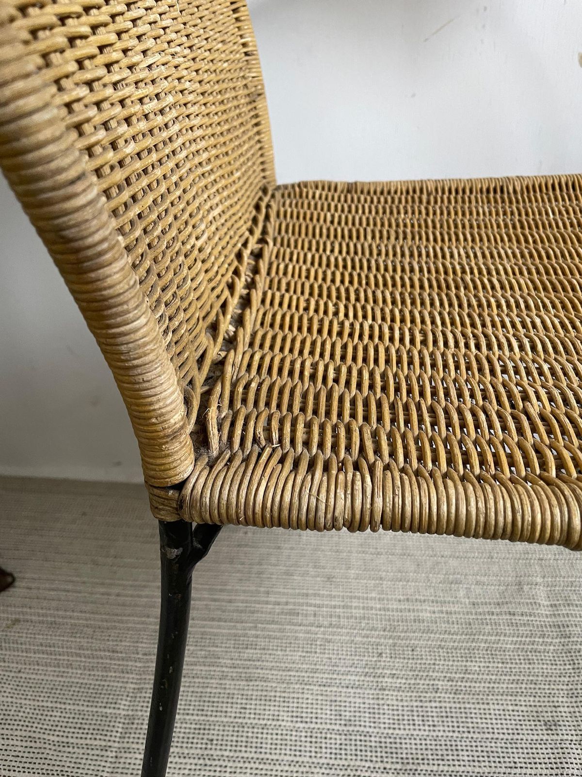 Vintage Iron Frame Carver Chair With Woven Rattan Cane Upholstery And Curved Legs photo 155.0