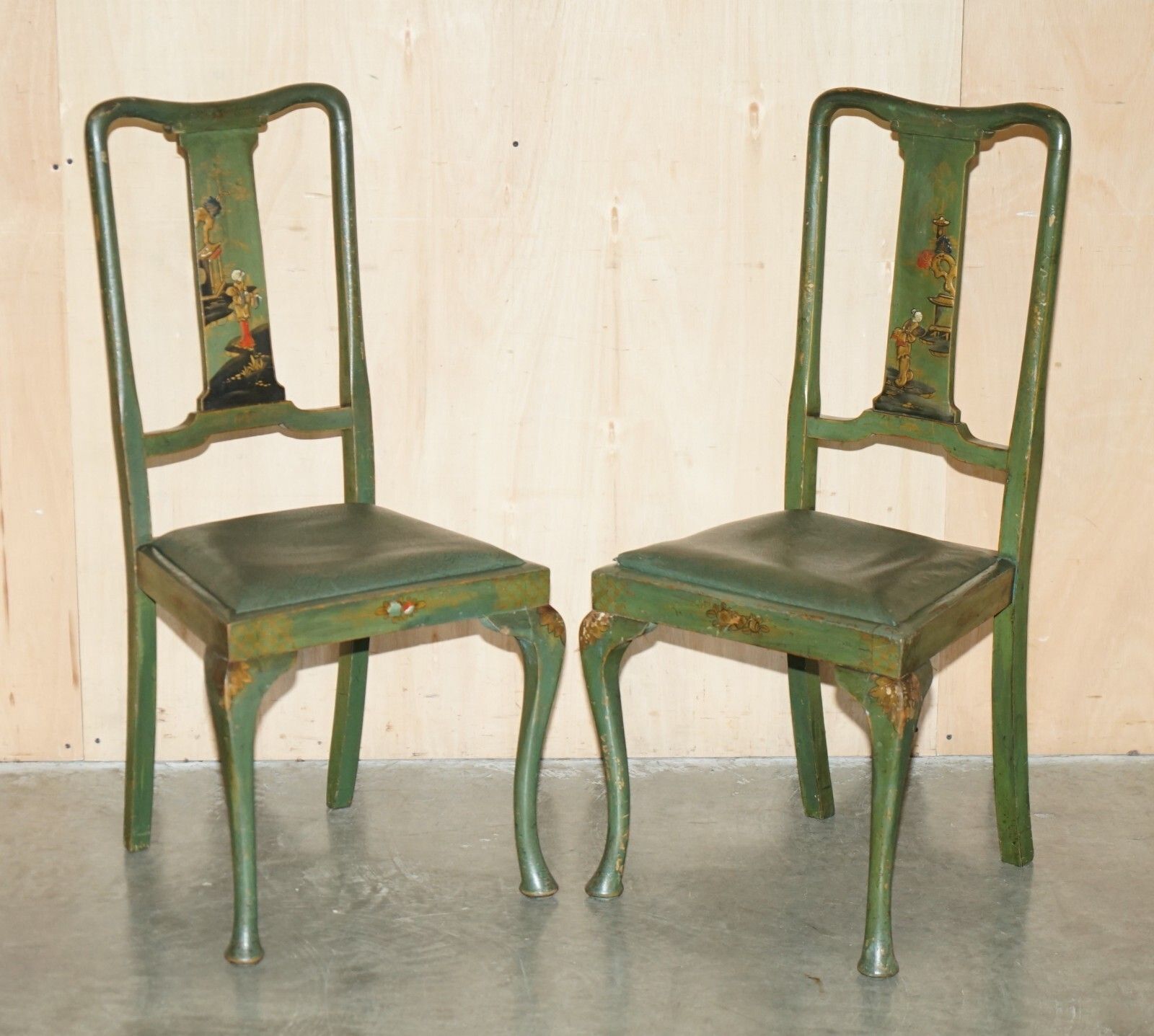 Pair Of Antique Painted Finish Chinese Export Chinoiserie Green Side Chairs photo furniture