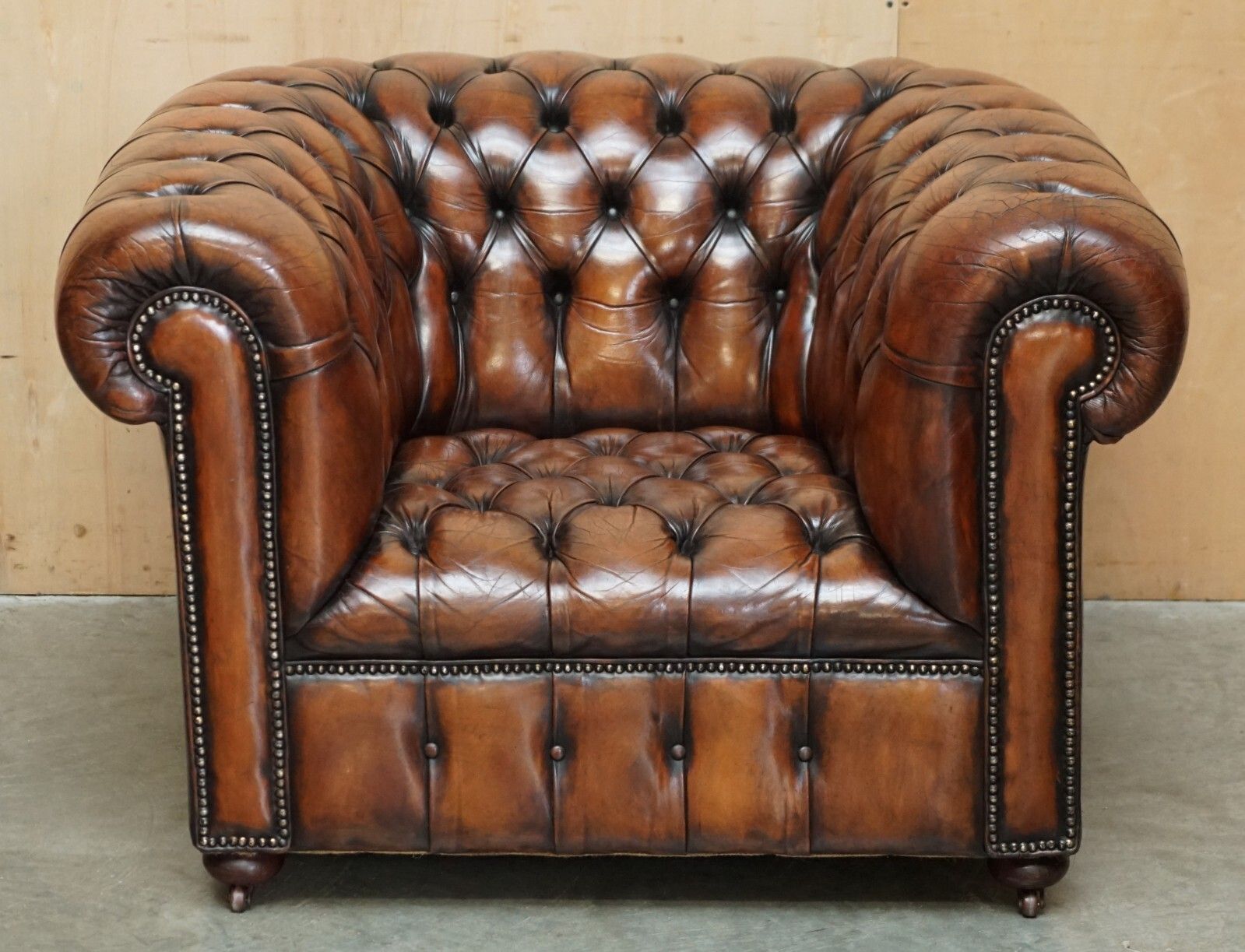 Restored Antique Chesterfield Club Armchair Brown Leather Porcelain Castors photo furniture