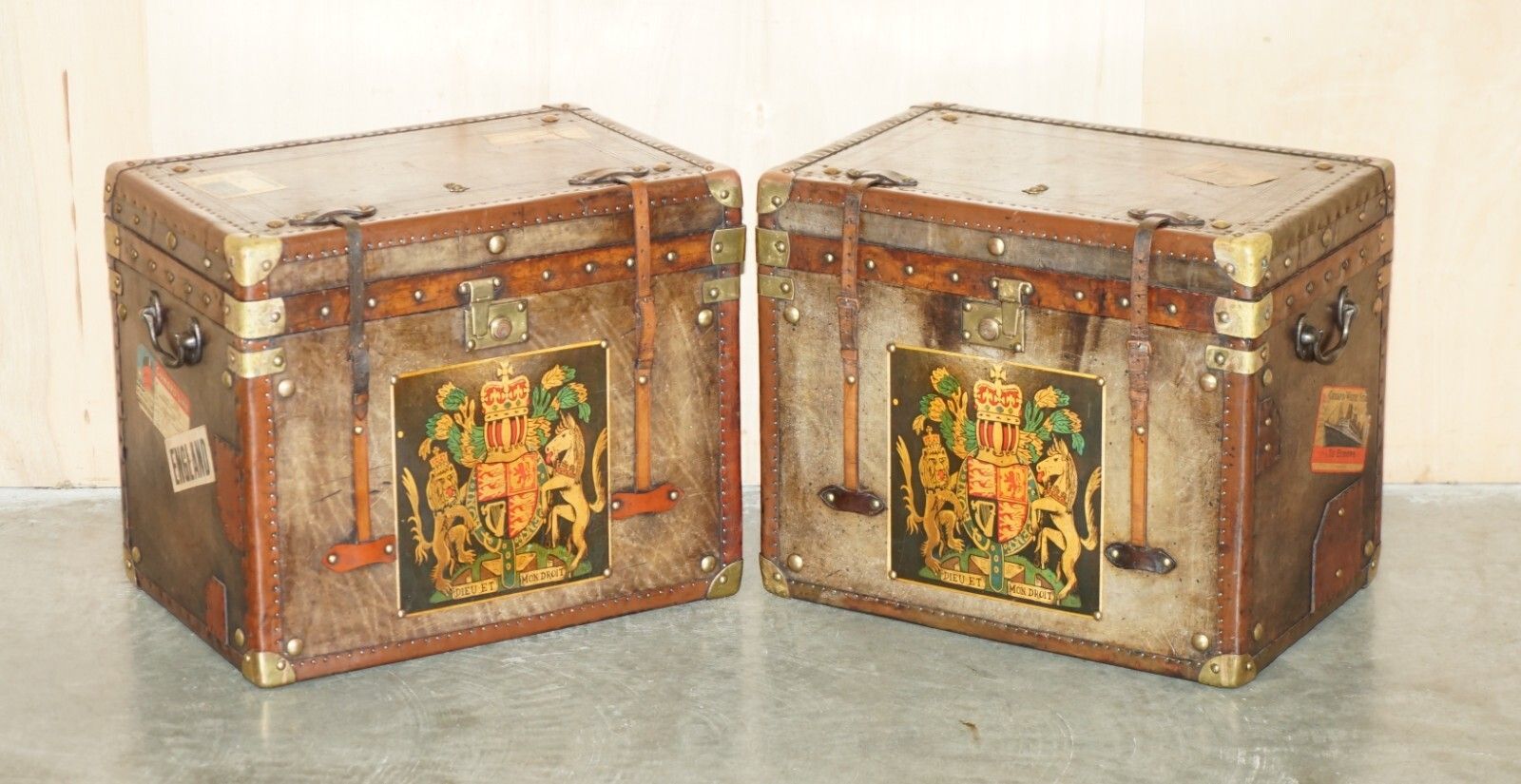 Pair Of Armorial Coat Of Arms Vintage Brown Leather Steamer Trunk Side Tables