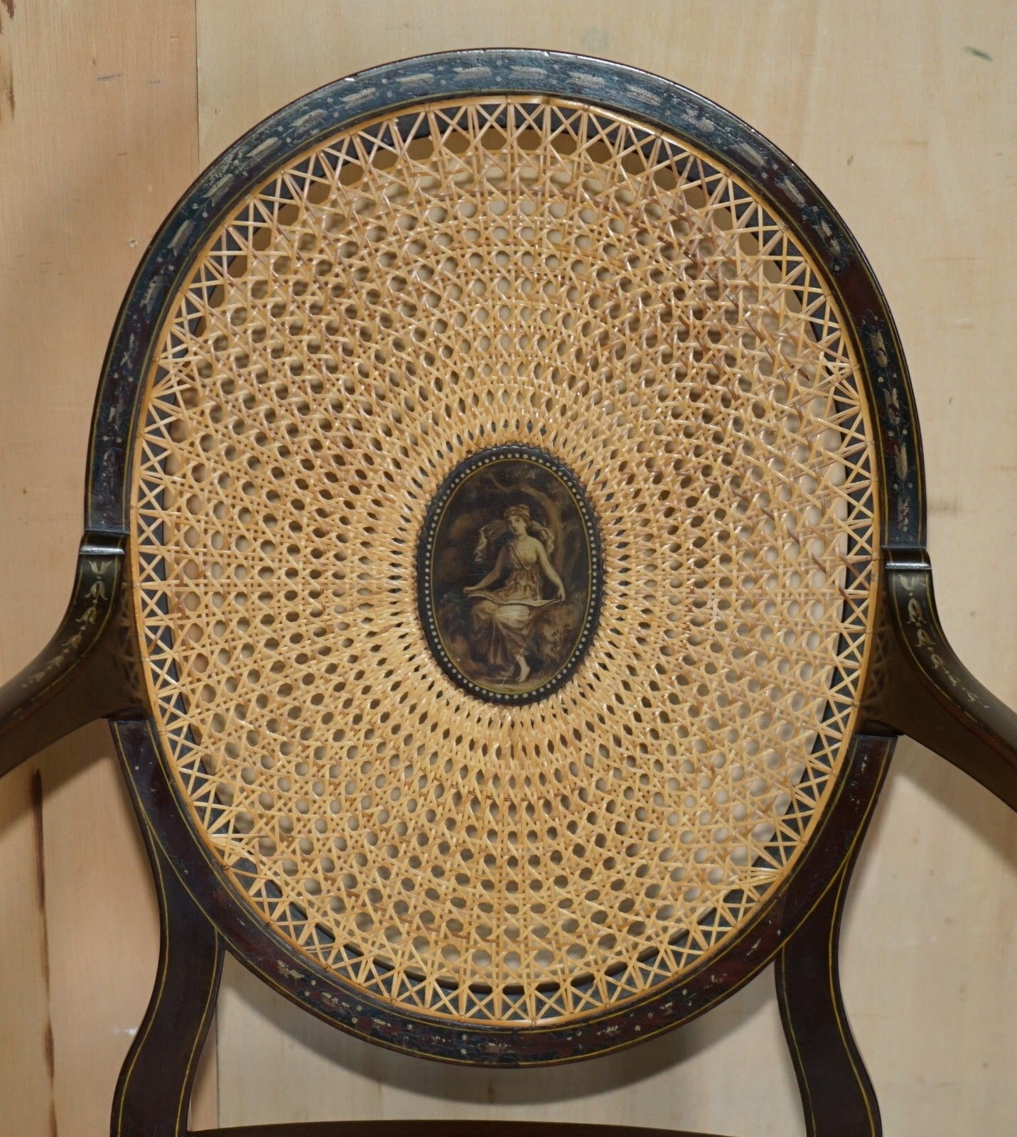 Six Antique George Hepplewhite Bergere Sheraton Revival Painted Dining Chairs photo vinterior