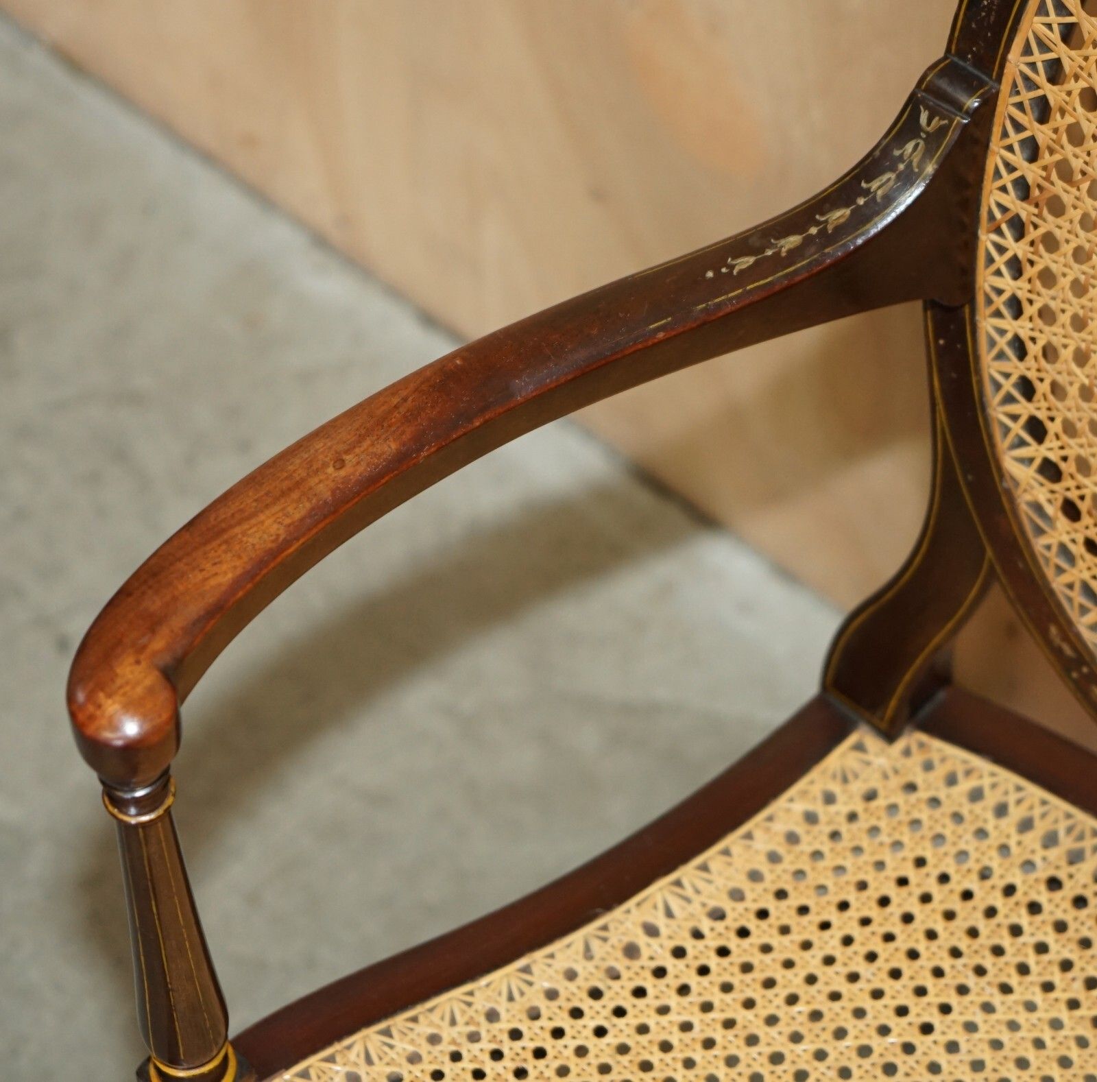 photo for sale Six Antique George Hepplewhite Bergere Sheraton Revival Painted Dining Chairs