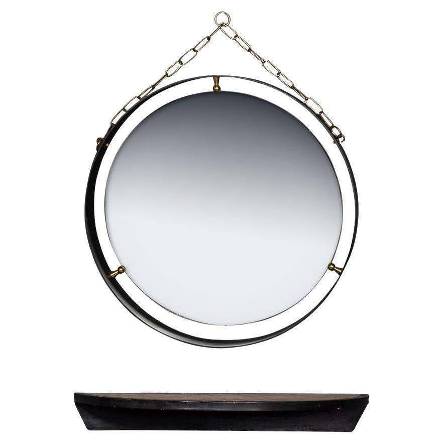 Mid 20th Century Italian Black Metal Framed Mirror & Brass Console C.1950