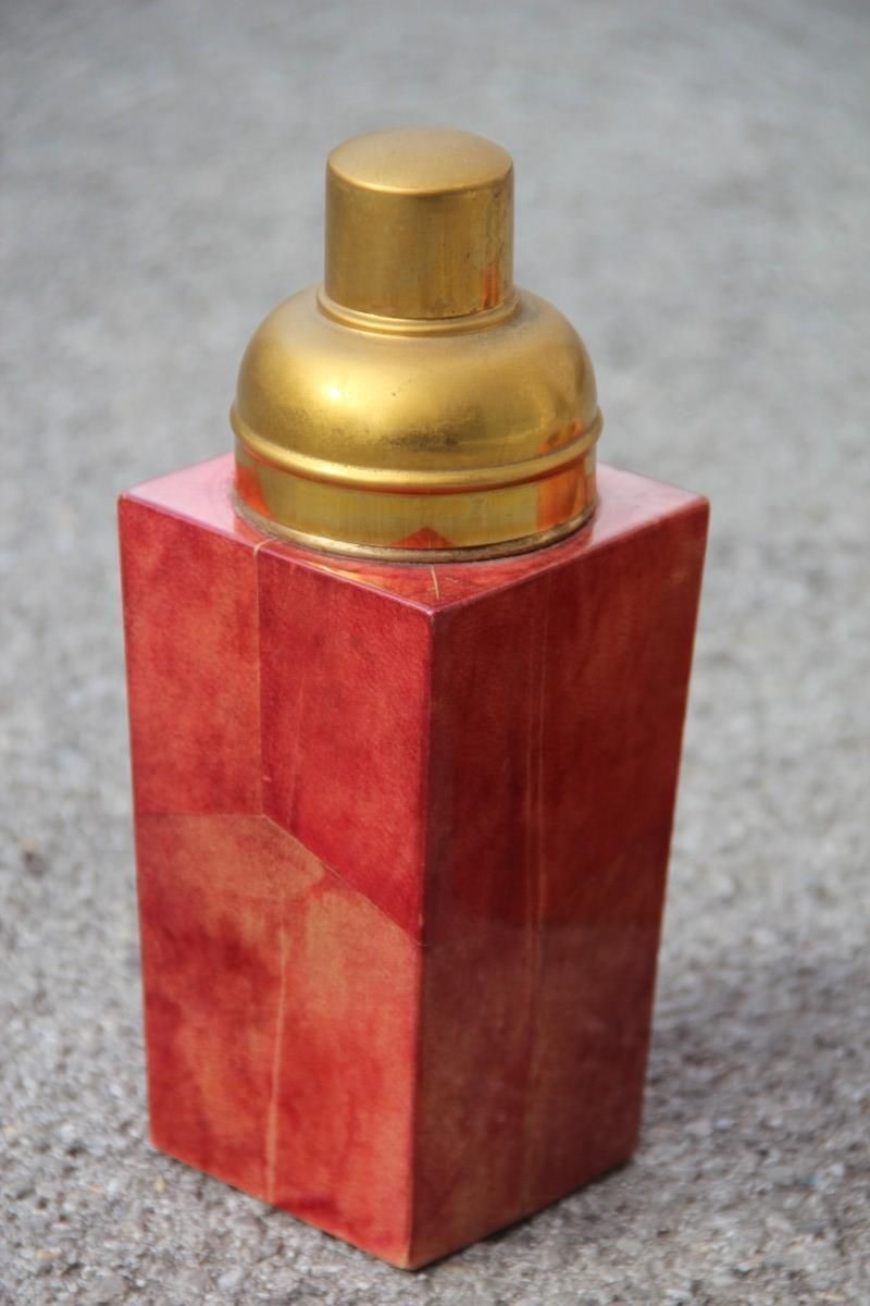 Set Aldo Tura Box Pitcher Red Color Brass And Goatskin Mid Century Modern 1950s photo furniture